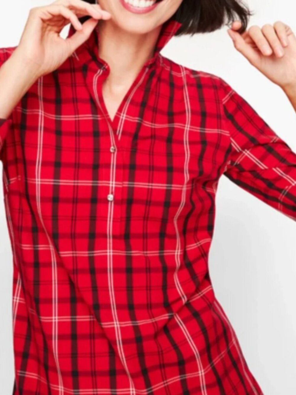Talbots Red Plaid Perfect Popover Non-Iron Shirt Festive Preppy Career Sz 14